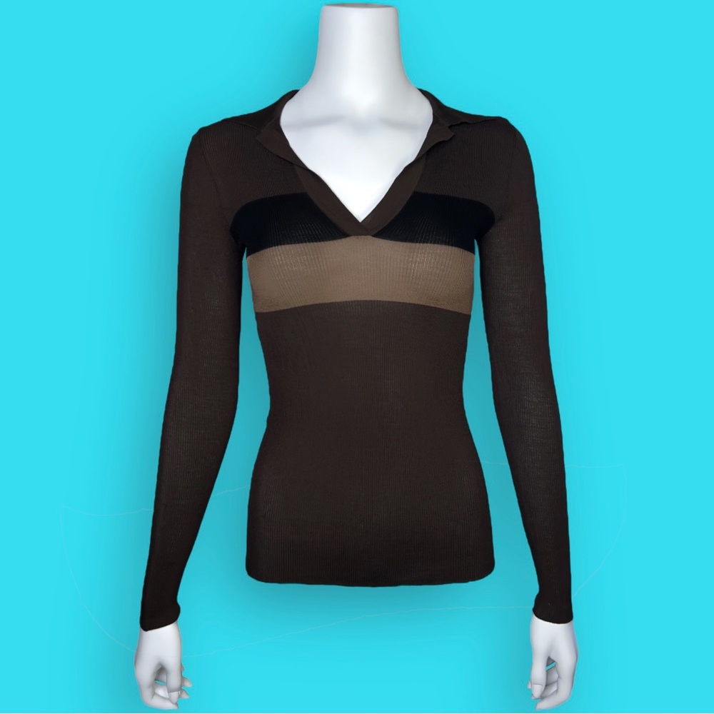 Fendi Silk Long Sleeve Ribbed Dark Brown w/ Stripes V-Neck Top - 40 AUTHENTIC